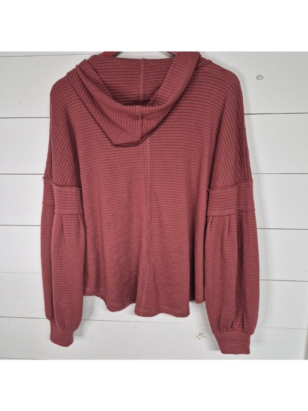 Waffle Knit Burgundy Hoodie With Button Detail & Front Pocket Long Balloon Sleev - Picture 9 of 9
